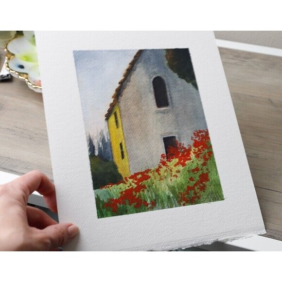 Watercolor Painting Original Sunset House Poppies “Woven Light” Signed 8x10” - Picture 2 of 2